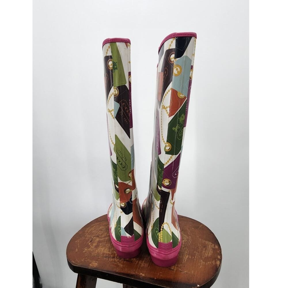 Coach Pammie Rain Boots Hang Tag Charm Size 7 Multicolor Tall Waterproof - Picture 4 of 8